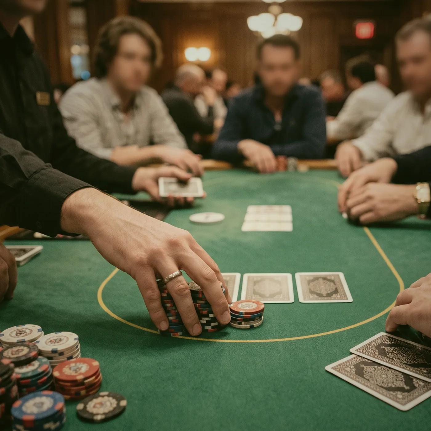 A dealer's hand pushing a stack of chips across the felt toward a waiting player.