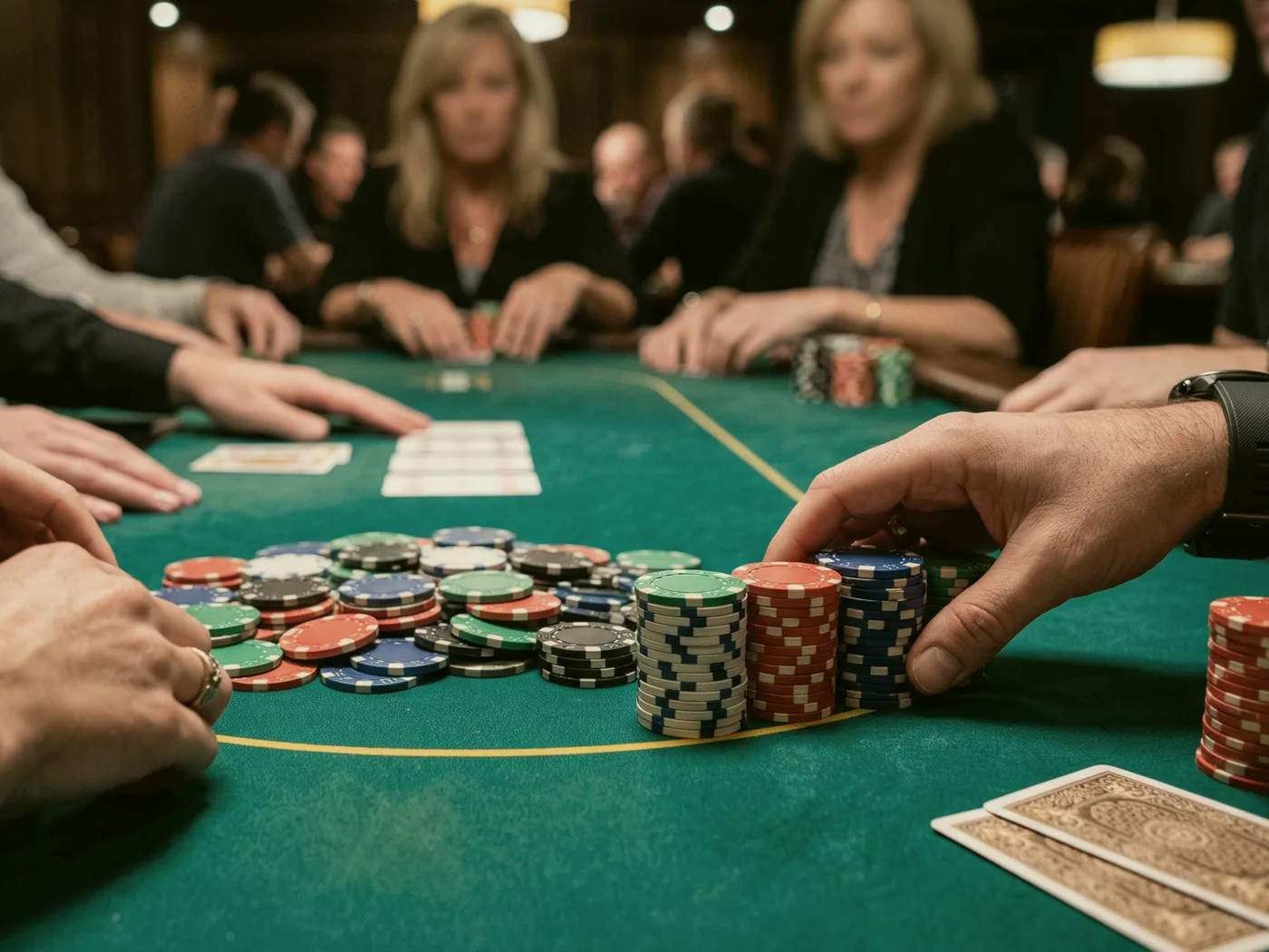 Rows of chips stacked on a card table, ready before the doors open for the evening.